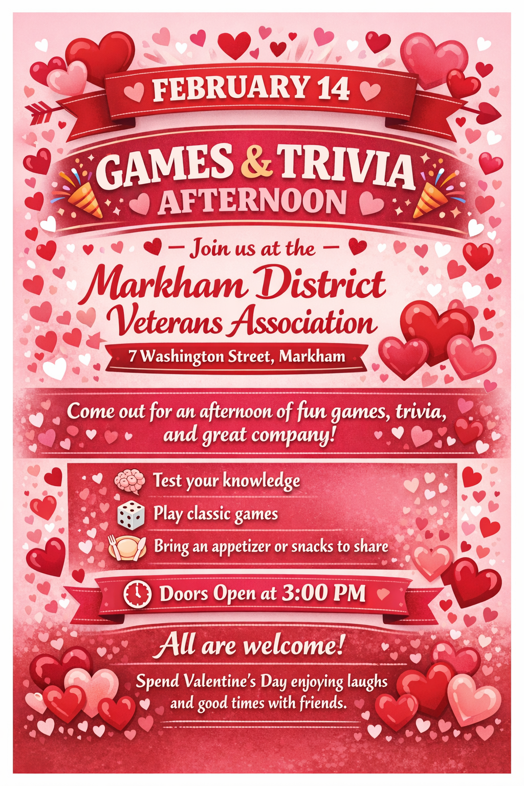 Valentines Day Pot Luck, Trivia and Games Day